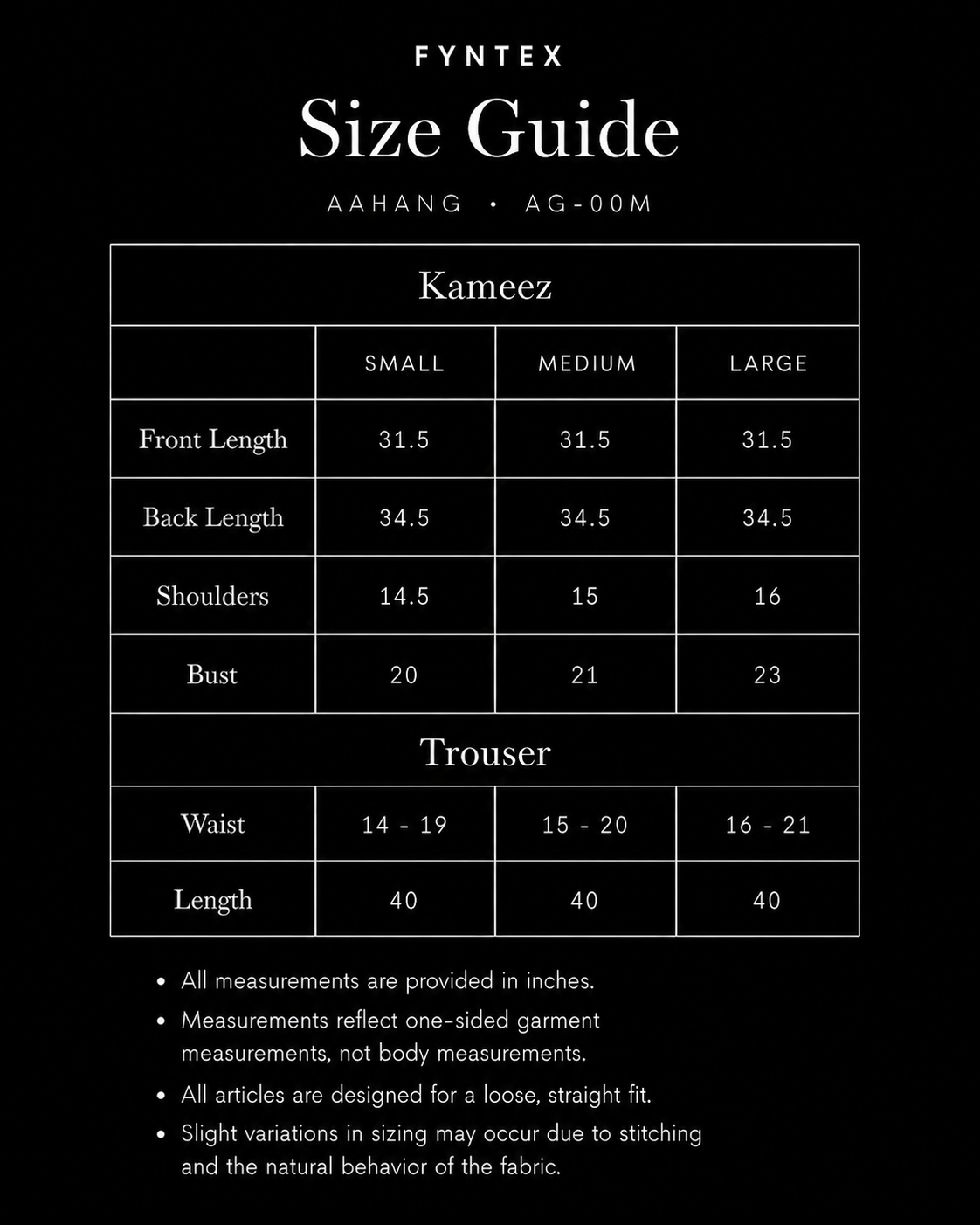 Aahang size guide