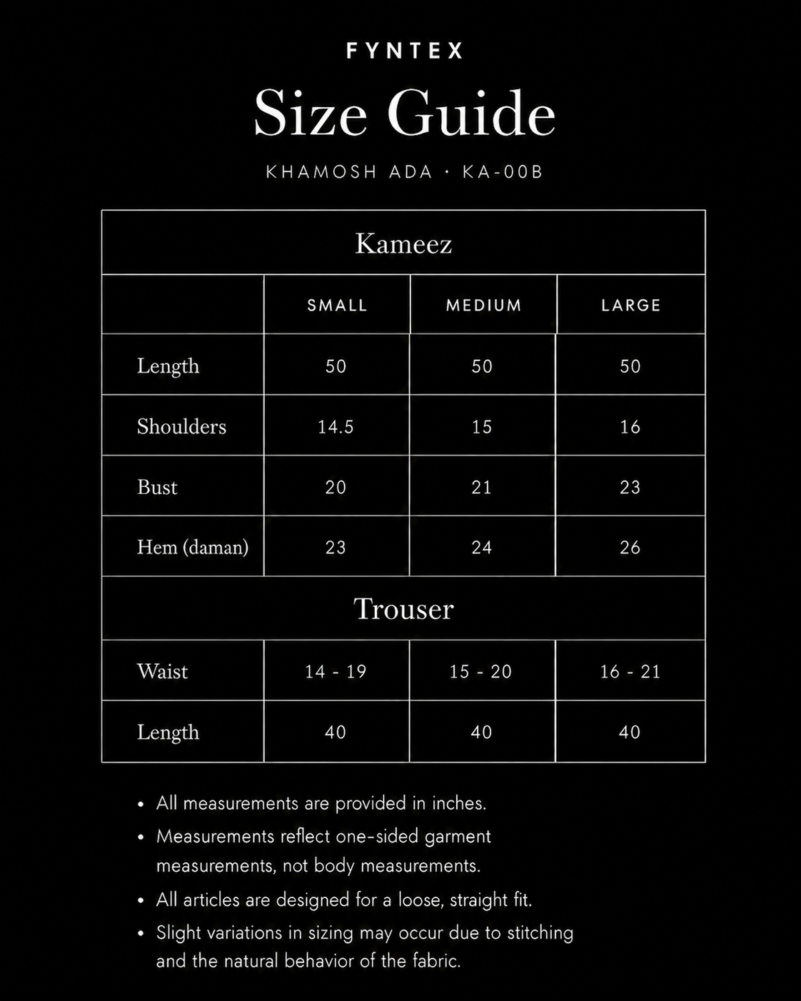 Khamosh Ada size guide