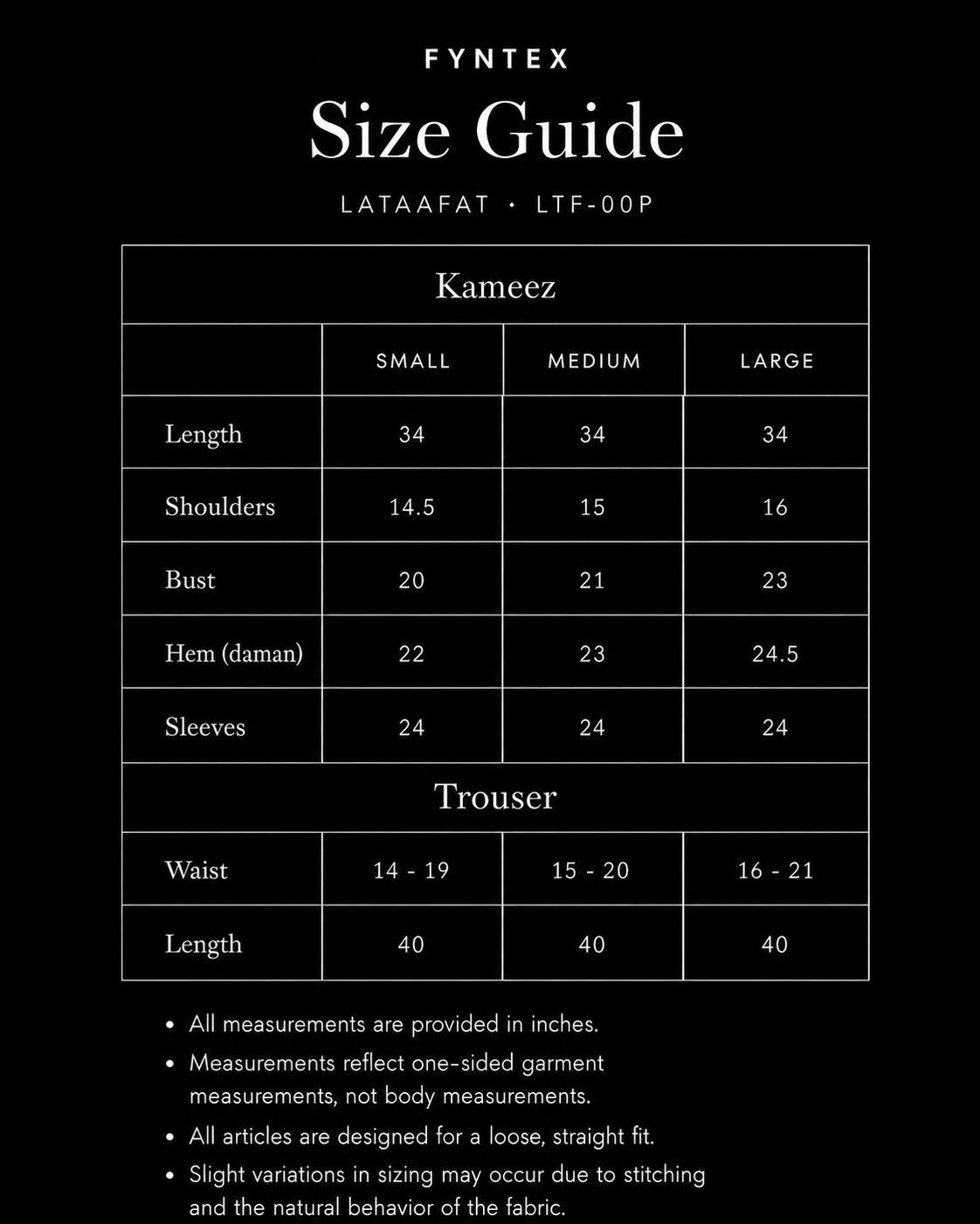 Lataafat size guide