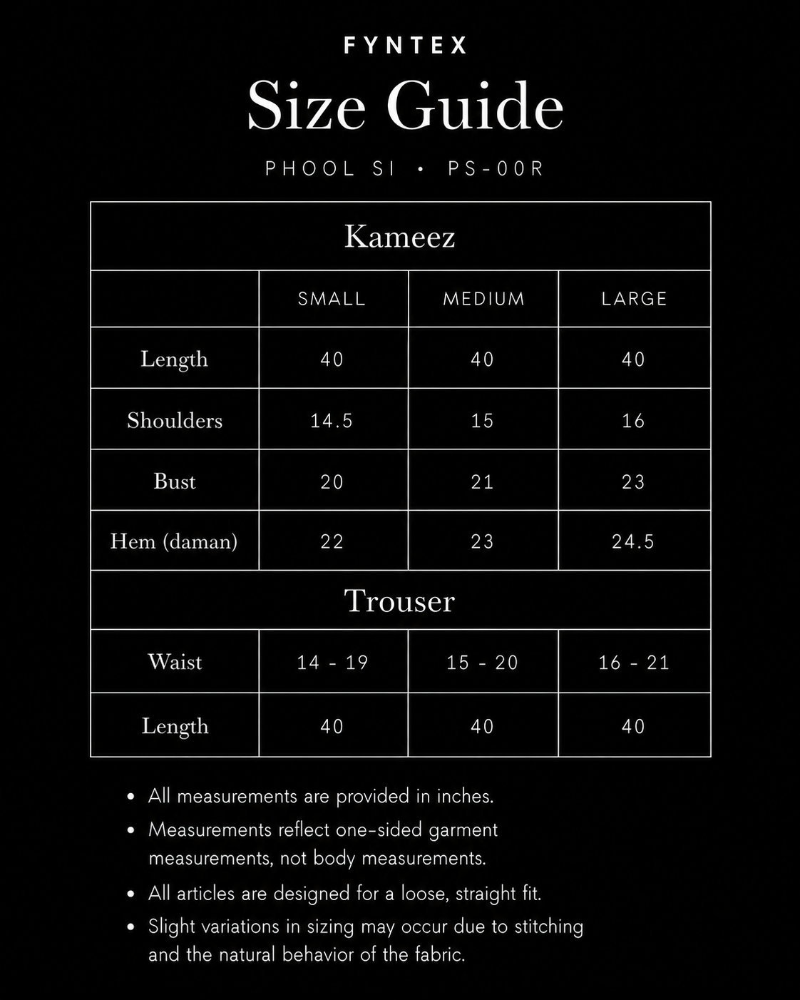 Phool Si size guide